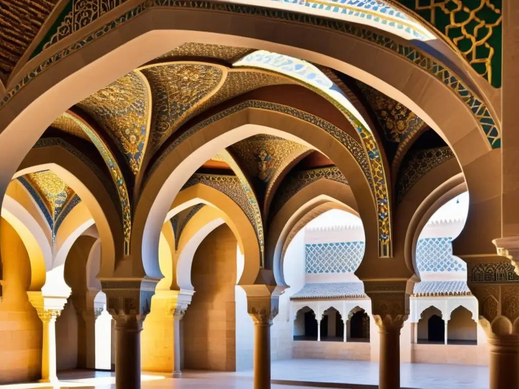 Detalle de los intrincados arcos y azulejos del Palacio islámico Aljafería en Zaragoza, con juegos de luz y sombra y tonos terrosos