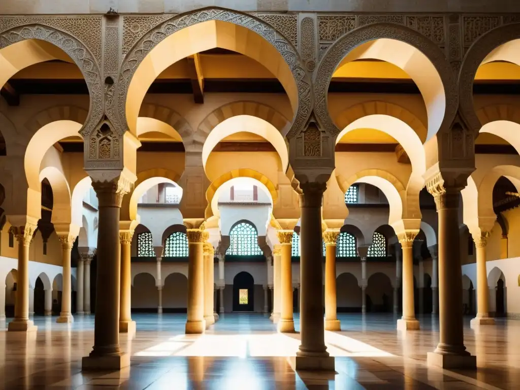 Detalle arquitectura islámica: intrincados arcos y patrones en la Gran Mezquita de Córdoba, con técnicas constructivas y belleza atemporal