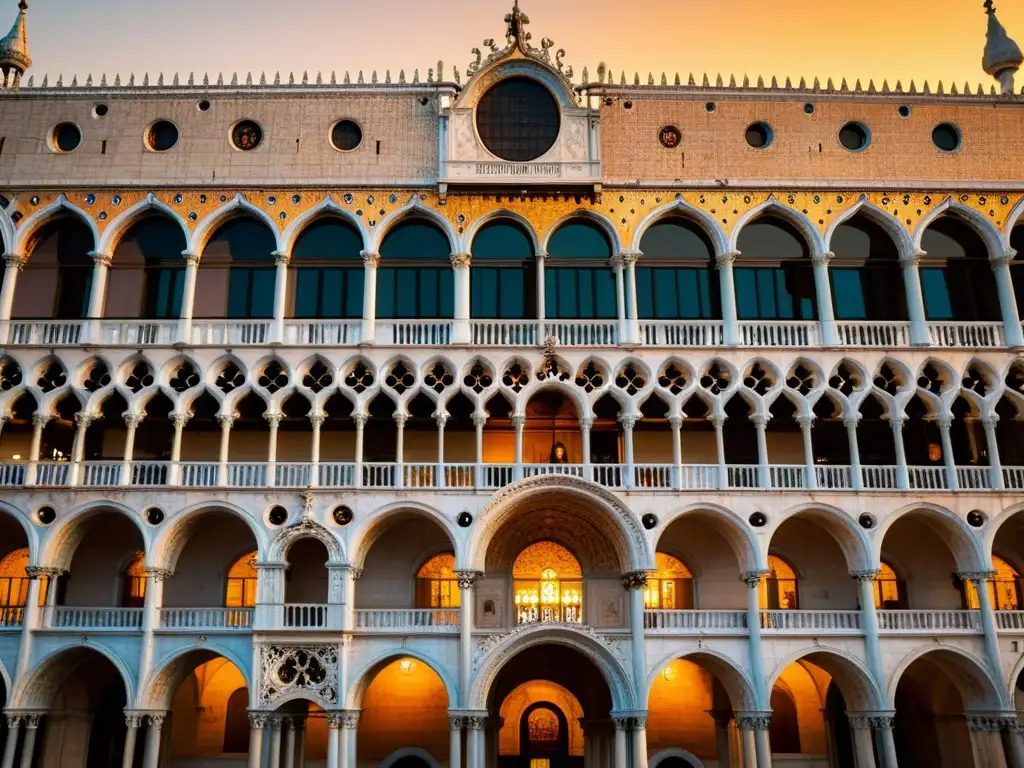 Palacio Ducal de Venecia: Arquitectura gótica bañada por el sol Detalle majestuoso de la arquitectura veneciana siglo XV en el Palacio Ducal al atardecer
