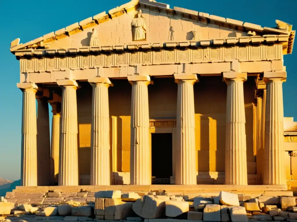 Detalle majestuoso del Partenón en Atenas al atardecer, mostrando su elegancia atemporal y valor histórico en estilos arquitectónicos