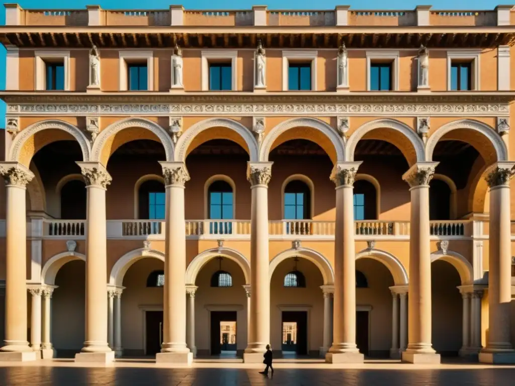 Detalle en 8k del Palazzo del Te en Mantua, Italia, destacando su fachada decorada con arcos y columnas