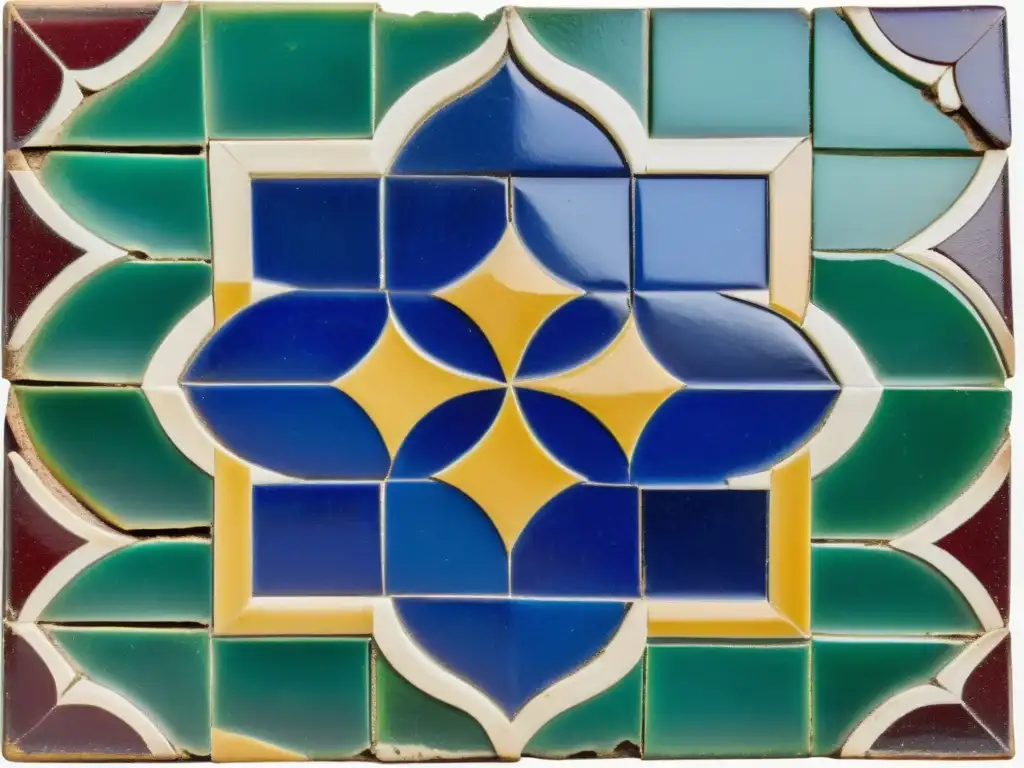 Detalle de azulejo marroquí vintage con patrón intrincado y colores vibrantes, evocando historia y decoración arquitectura morisca