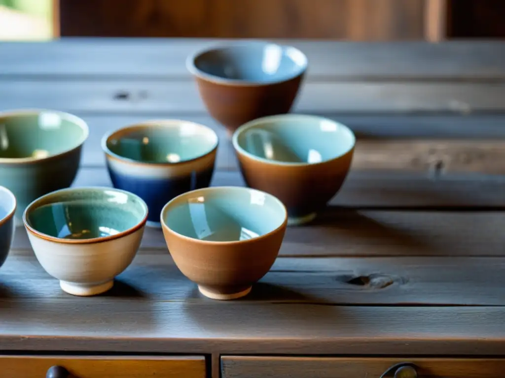 Detalle de mesa de madera antigua con tazones de té cerámicos vintage