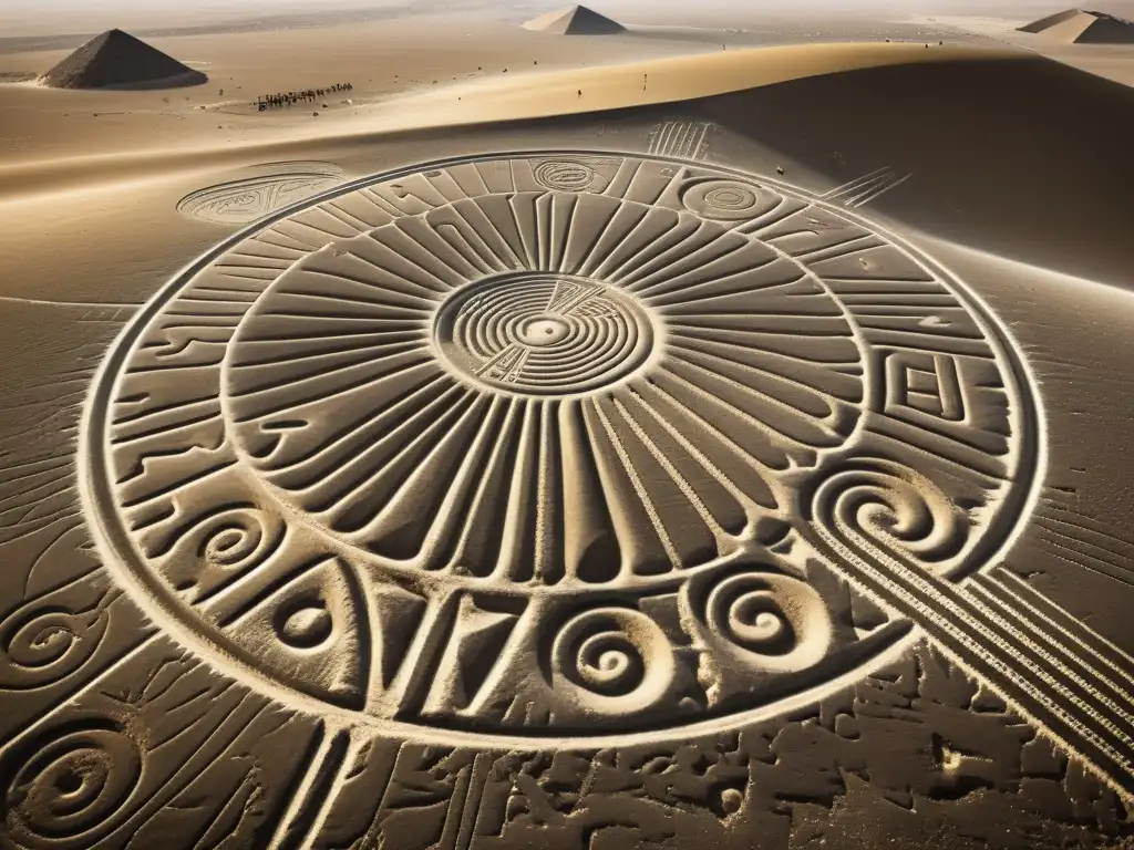 Detalle sepia de los misteriosos geoglifos Nazca, evocando la arquitectura y geoglifos precolombinos Nazca con patrones geométricos y figuras animales