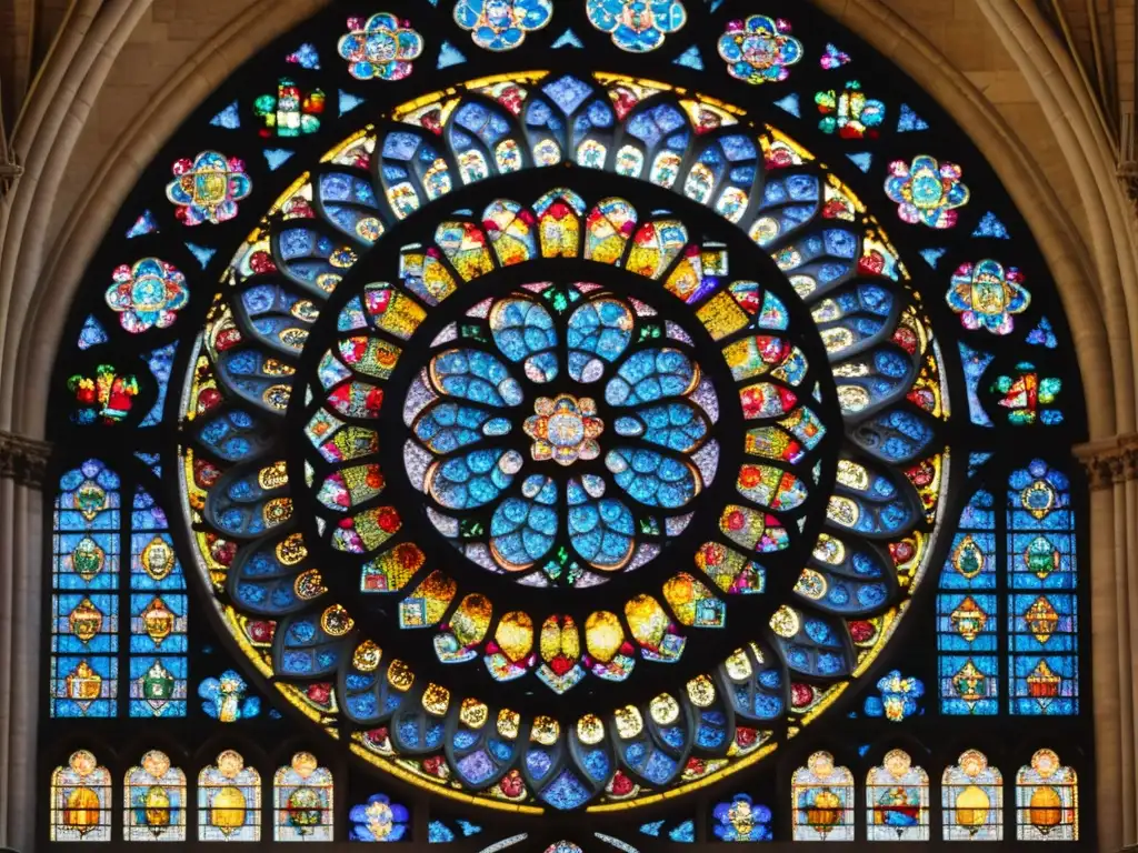 Detalle del rosetón de Notre Dame, con trazados y vidrieras delicadas en tonos cálidos