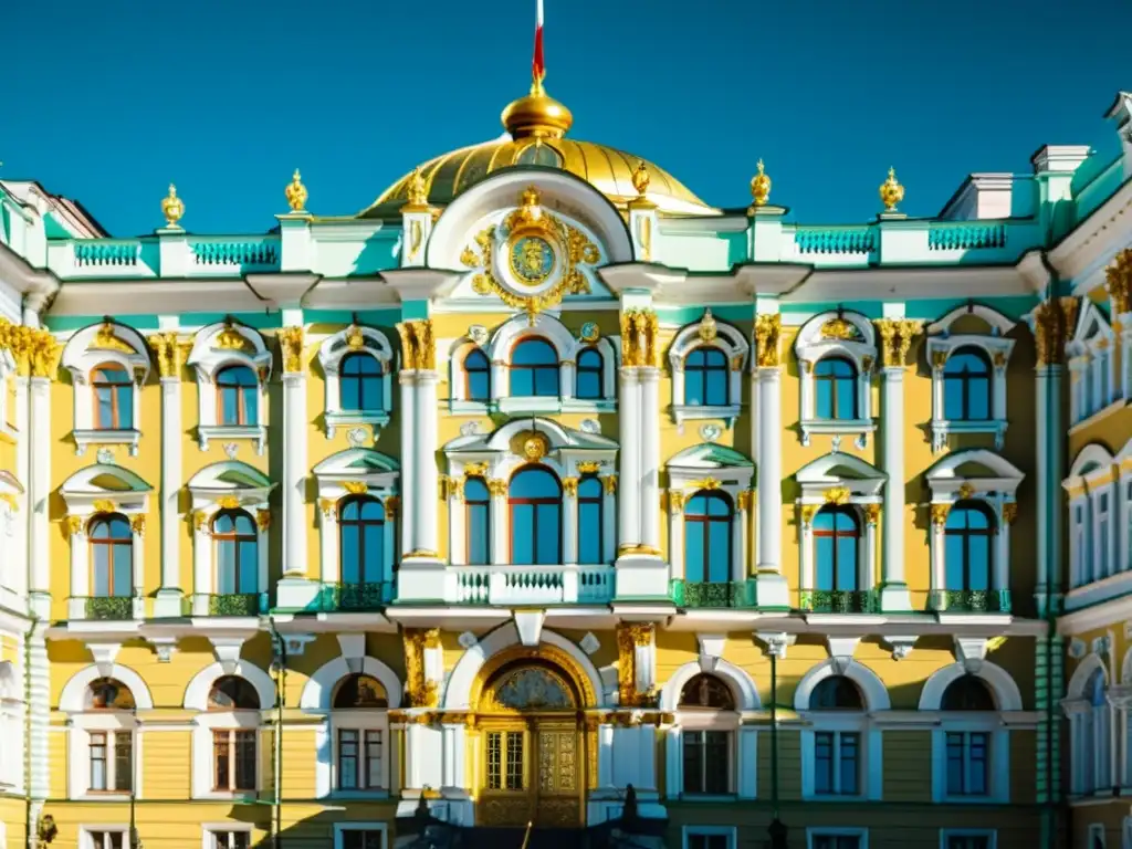 Detalle del opulento exterior del Palacio de Invierno en San Petersburgo, Rusia, con influencias del Barroco Ruso