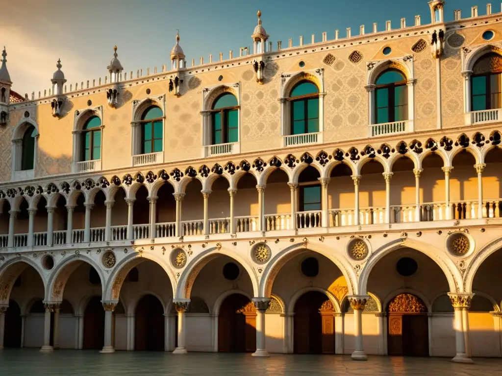 Detalle del Palacio Ducal de Venecia, con su arquitectura renacentista, bañado por la cálida luz del sol