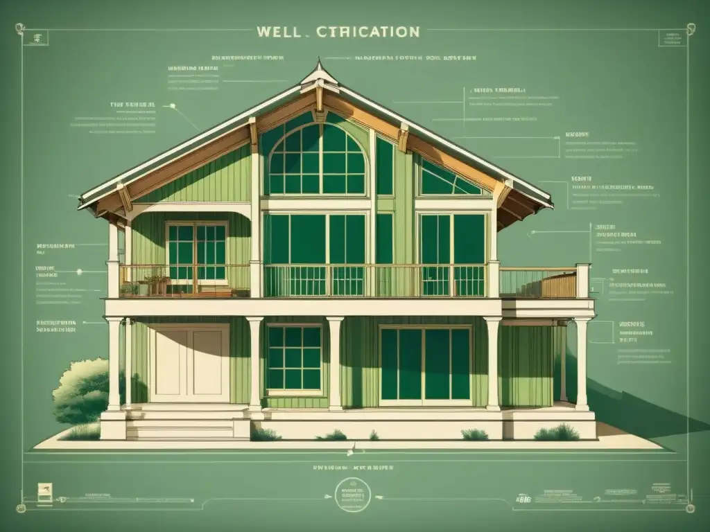 Detalle de plano arquitectónico vintage para Certificaciones WELL en arquitectura sostenible, con anotaciones a mano y diseño elegante