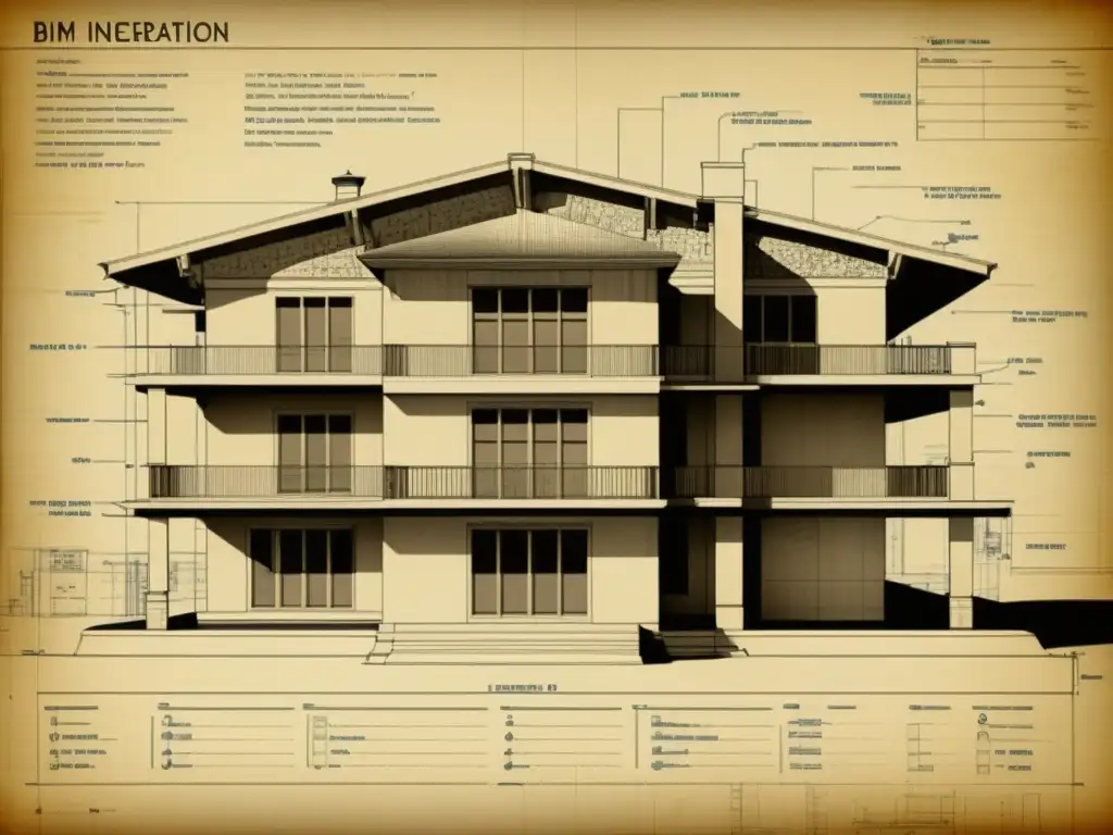 Detalle de plano arquitectónico vintage con anotaciones a mano sobre Errores comunes en el uso de BIM