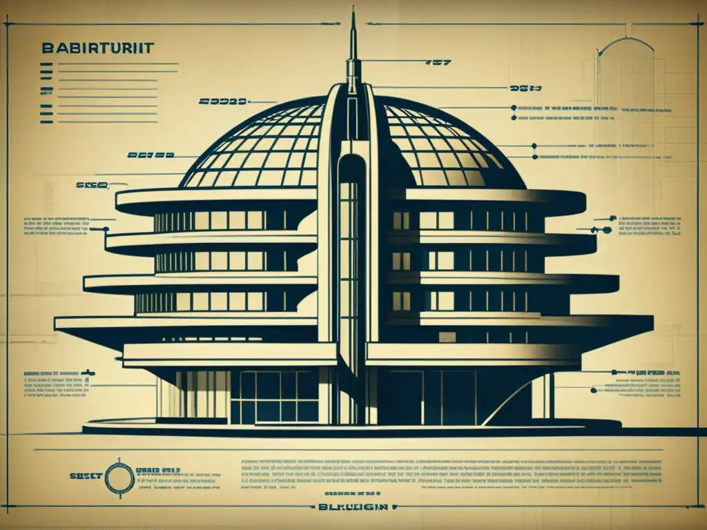 Detalle de plano arquitectónico vintage de edificio futurista, con líneas geométricas y diseño innovador, en tonos sepia