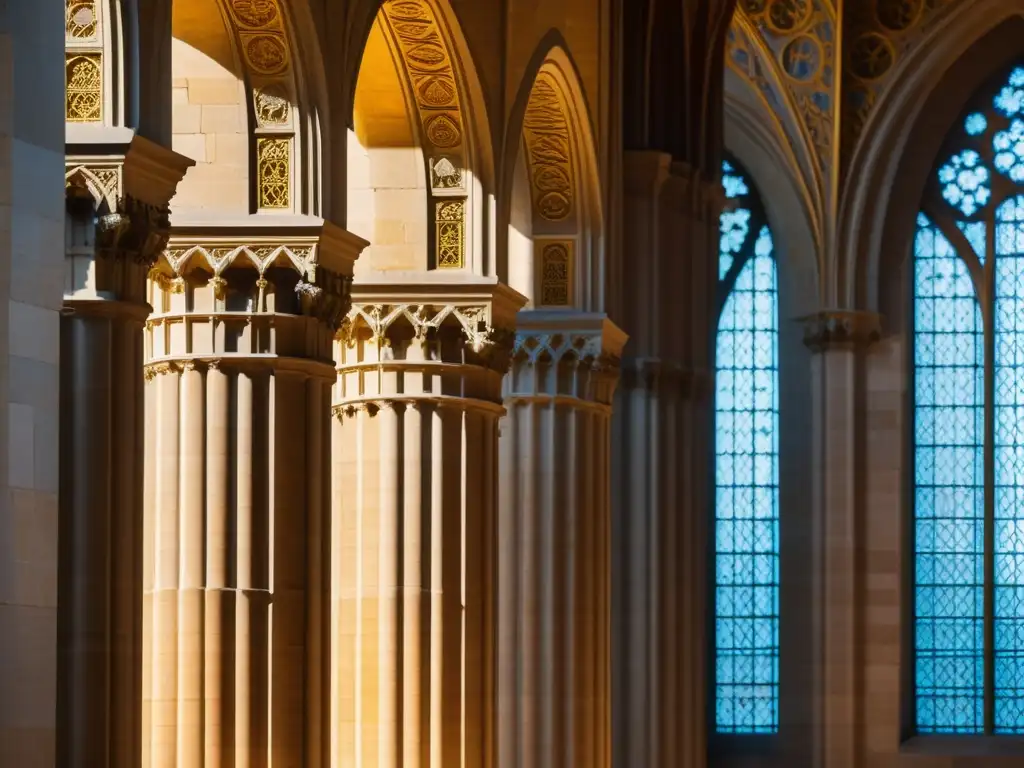 Detalle de proporción áurea en el interior de un templo medieval, con juegos de luz y sombra resaltando la armonía matemática y la belleza atemporal