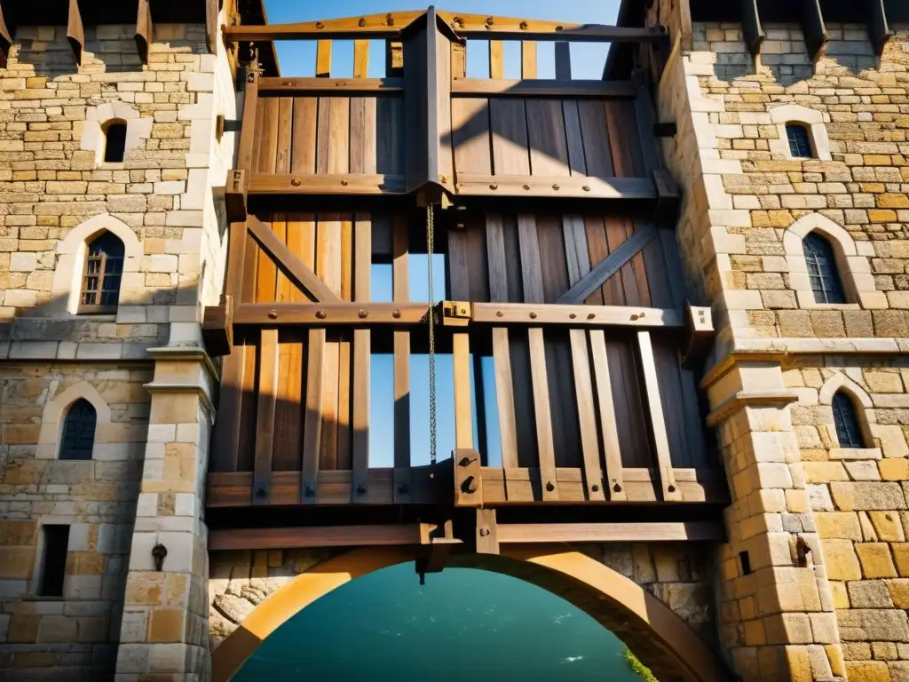 Detalle de un puente levadizo medieval, mostrando la ingeniería y texturas en madera y hierro