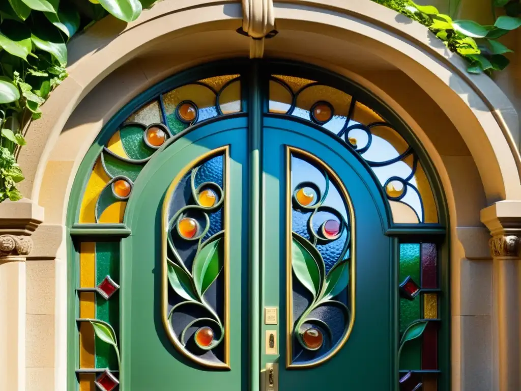 Detalle de puerta Art Nouveau del siglo XXI con intrincados motivos florales en hierro forjado, enmarcada por vidrieras coloridas y arco de piedra