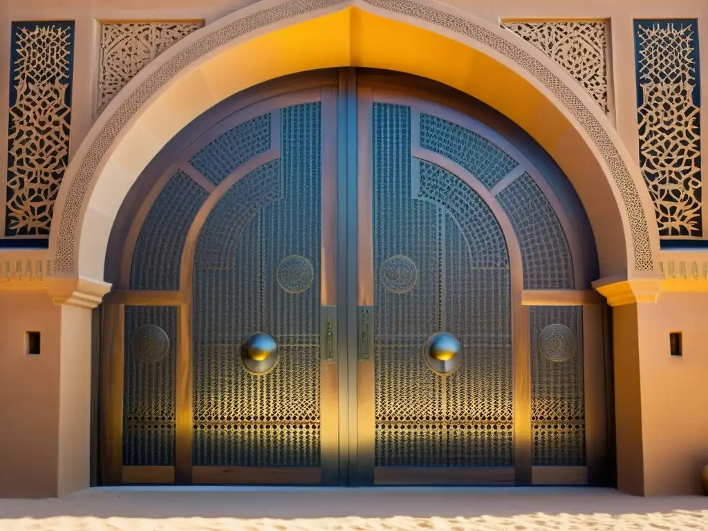 Detalle de las puertas de madera de Qasr Al Sarab, con patrones geométricos y motivos florales, bañadas por el cálido sol del desierto