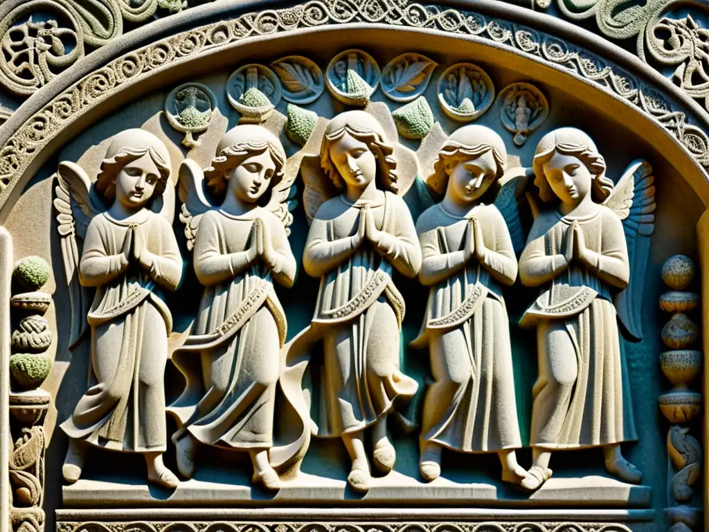 Detalle de relieve en piedra, simbolismo arquitectura románica, figuras angélicas, criaturas míticas y patrones geométricos en catedral