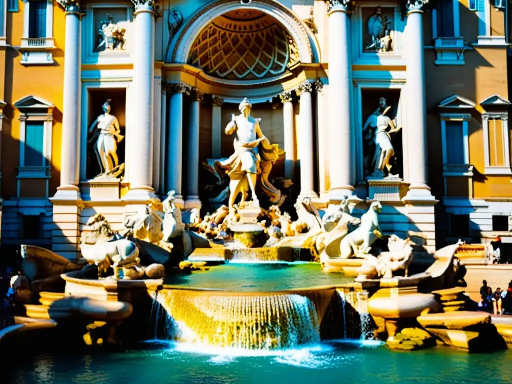 Detalle renacentista de la Fontana di Trevi en Roma, con luz dorada creando una atmósfera encantadora y atemporal