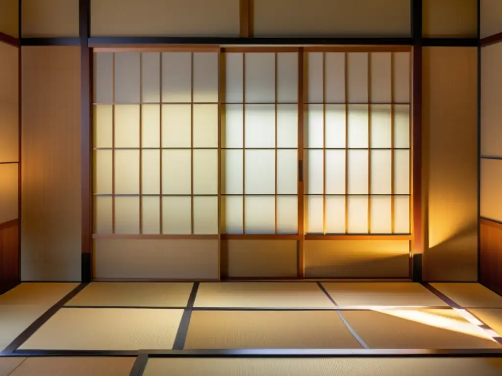 Detalle de shoji japonés iluminado, proyectando sombras y mostrando la artesanía y el significado espiritual arquitectura tradicional japonesa