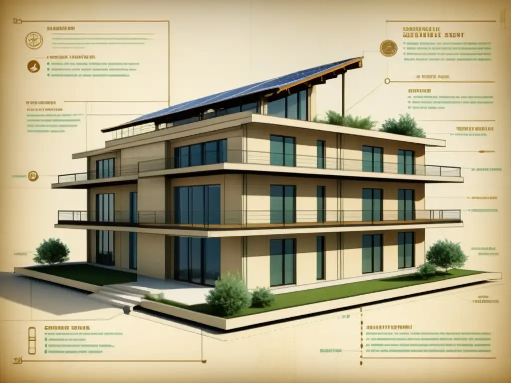 Detalle de diseño sostenible arquitectónico con elementos ecoamigables, integrados con armonía en una atmósfera vintage de sepia