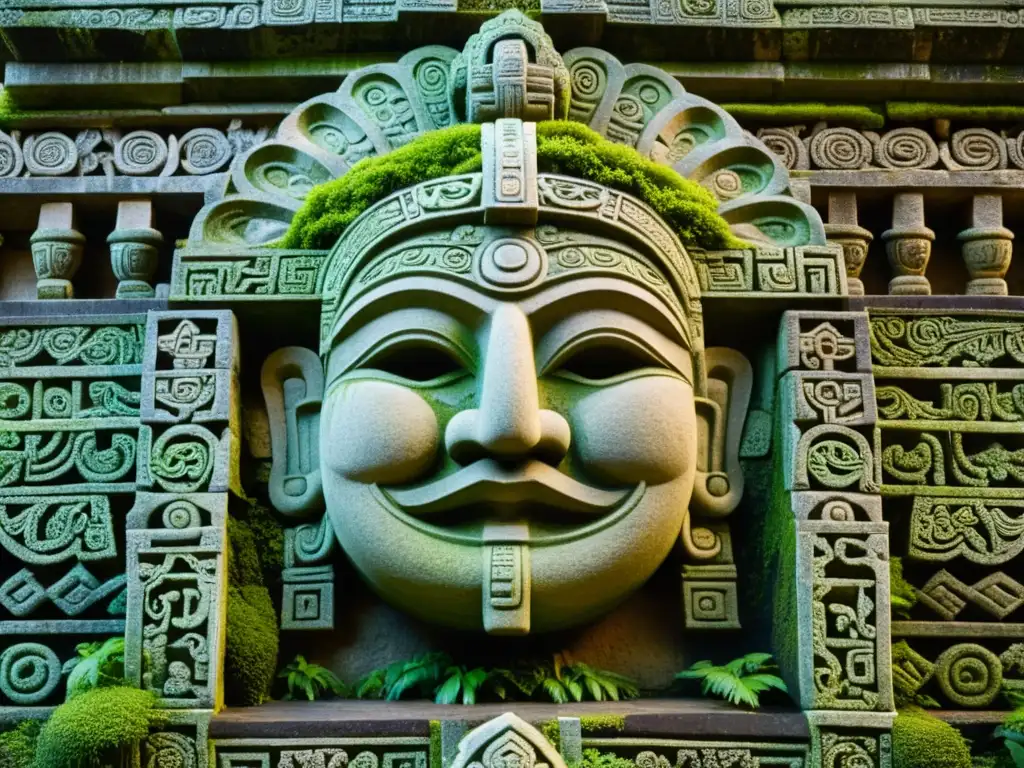 Detalle de tallado en piedra de templo maya, bañado en luz dorada al atardecer