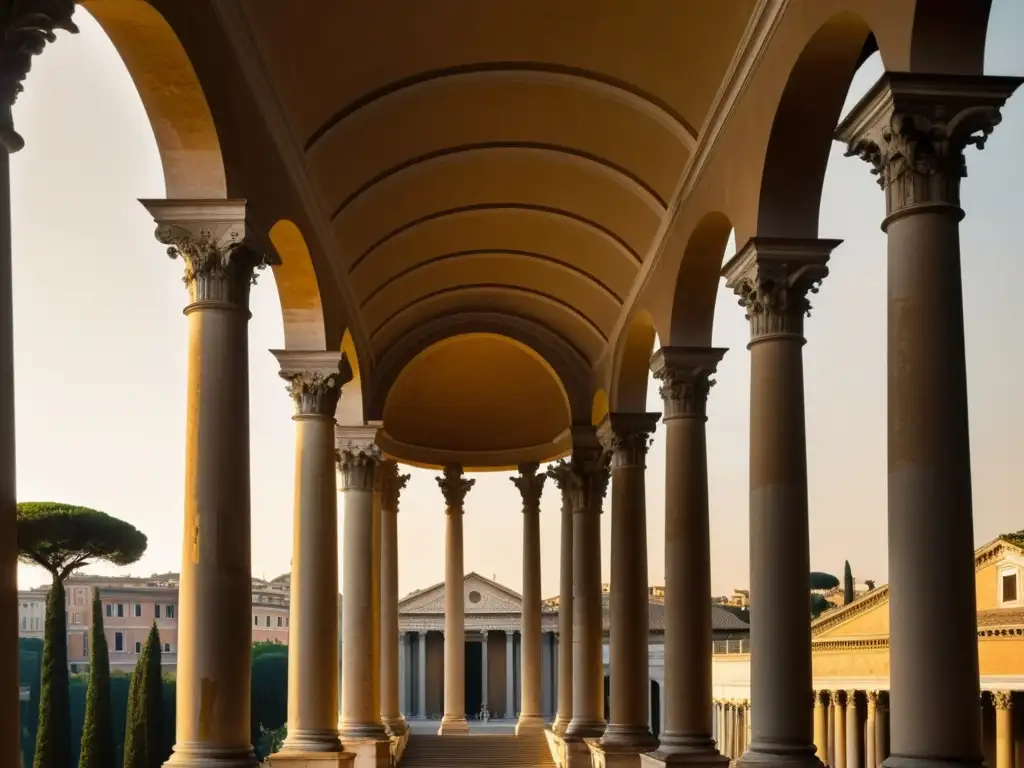 Detalle sepia del Tempietto del Bramante en Roma, mostrando los principios arquitectónicos del Alto Renacimiento en sus columnas dóricas y arcos elegantes