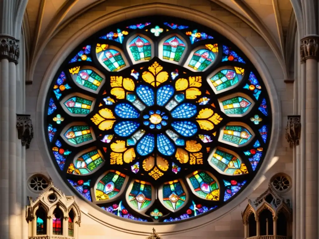 Detalle de la ventana rosa de la Catedral de San Juan el Divino en Nueva York, mostrando la arquitectura gótica en América