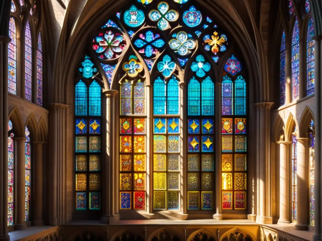 Detalle de ventana de vidrieras en catedral gótica, diálogo tecnológico arquitectura gótica