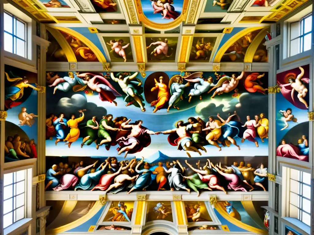 Detalle vibrante del techo de la Capilla Sixtina: frescos de Michelangelo