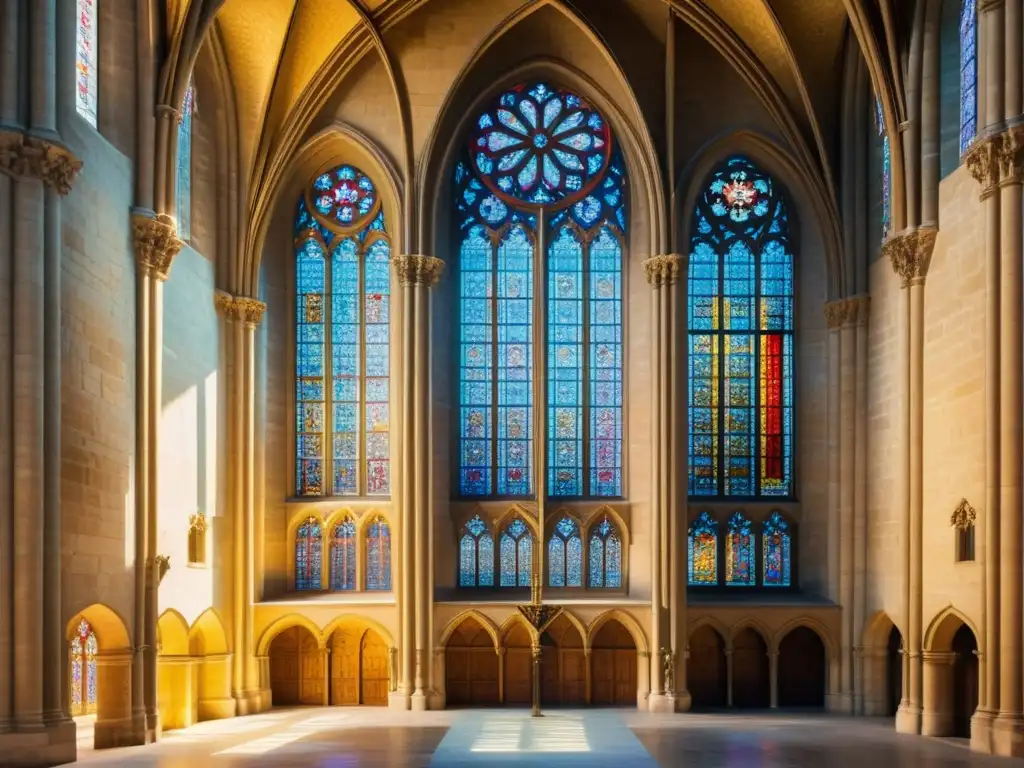 Detalle de vidrieras góticas en la Catedral de NotreDame, París, con luz solar filtrándose a través, mostrando su belleza atemporal y artesanía