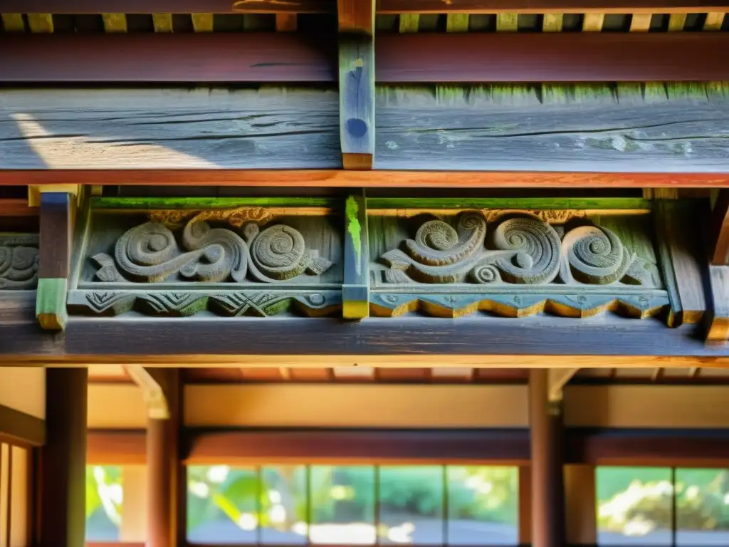 Un detalle de viga de madera en templo japonés antiguo con hermosas tallas y desgaste natural