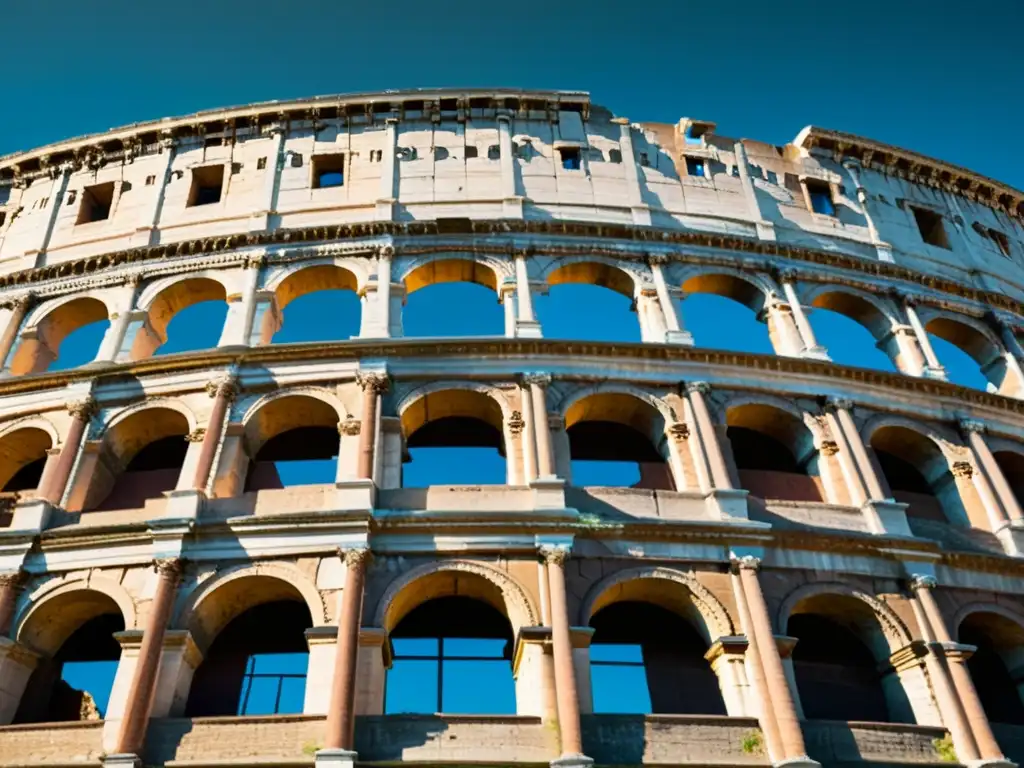 Detalle vintage del Coliseo Romano, símbolo de autoridad en arquitectura romana, con juego de luces y sombras en piedra envejecida