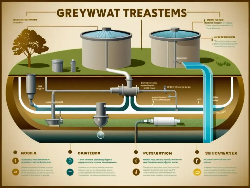 Detalle vintage de un diagrama arquitectónico de sistemas de tratamiento de aguas grises, con anotaciones detalladas y tonos sepia nostálgicos