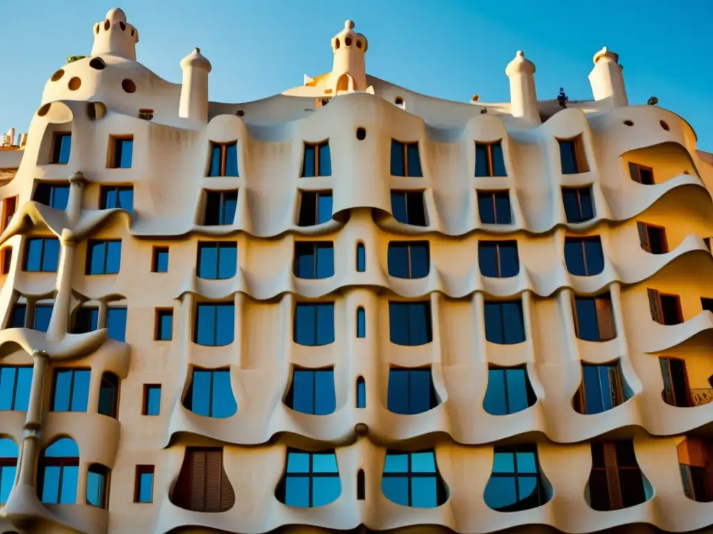 Detalle vintage de Casa Milà, con sus formas orgánicas, balcones y chimeneas, bañado en cálida luz