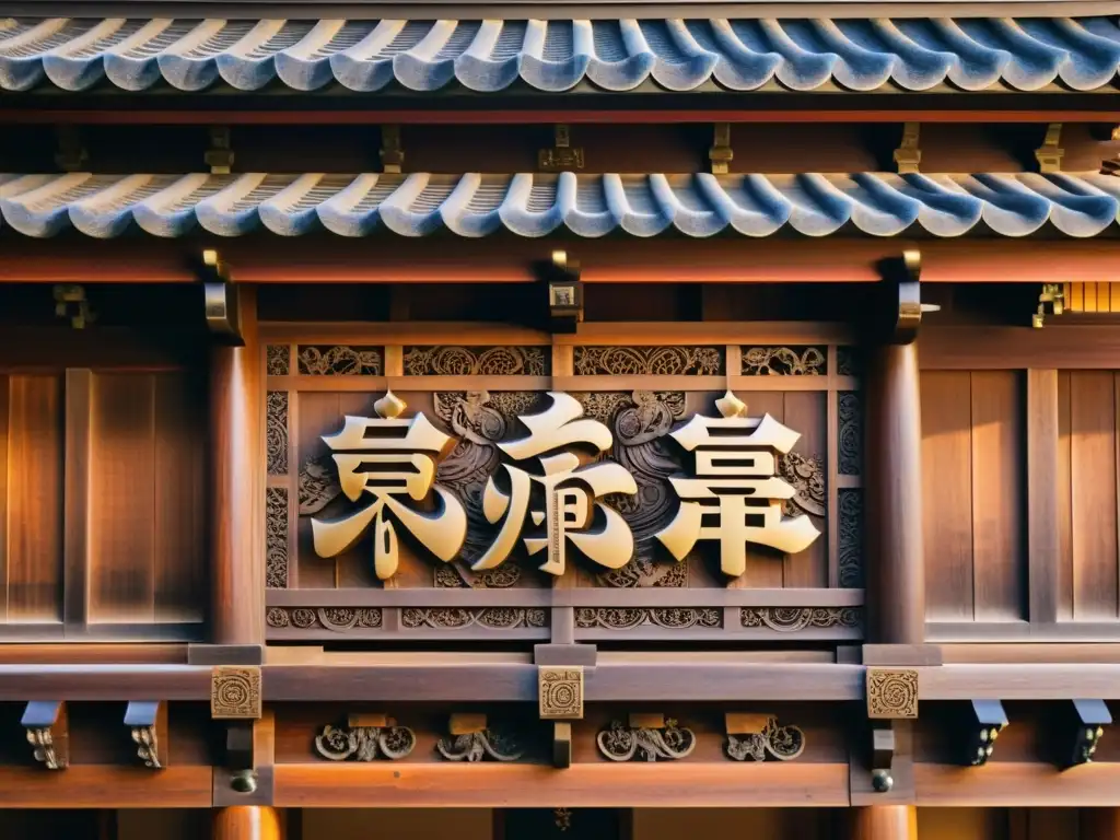 Detalle vintage de las intrincadas tallas de madera en el Templo Horyuji Japonés, mostrando su antigua artesanía y simbolismo espiritual