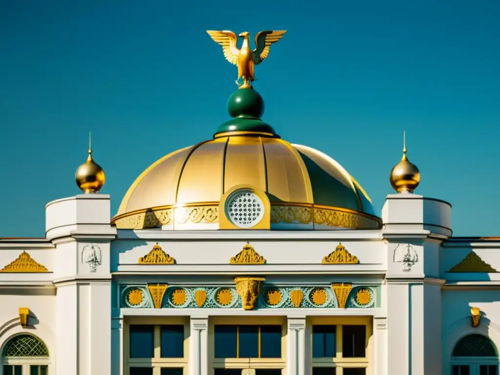 Detalle vintage del intrincado exterior dorado del edificio Secesión en Viena, con colores cálidos, patrones geométricos y esculturas simbólicas