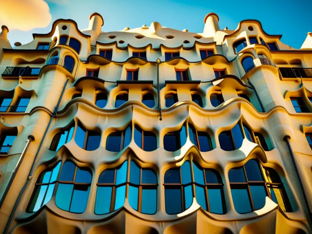 Detalle vintage de La Pedrera, resaltando su belleza arquitectónica en la Ruta Arquitectónica Barcelona Gaudí