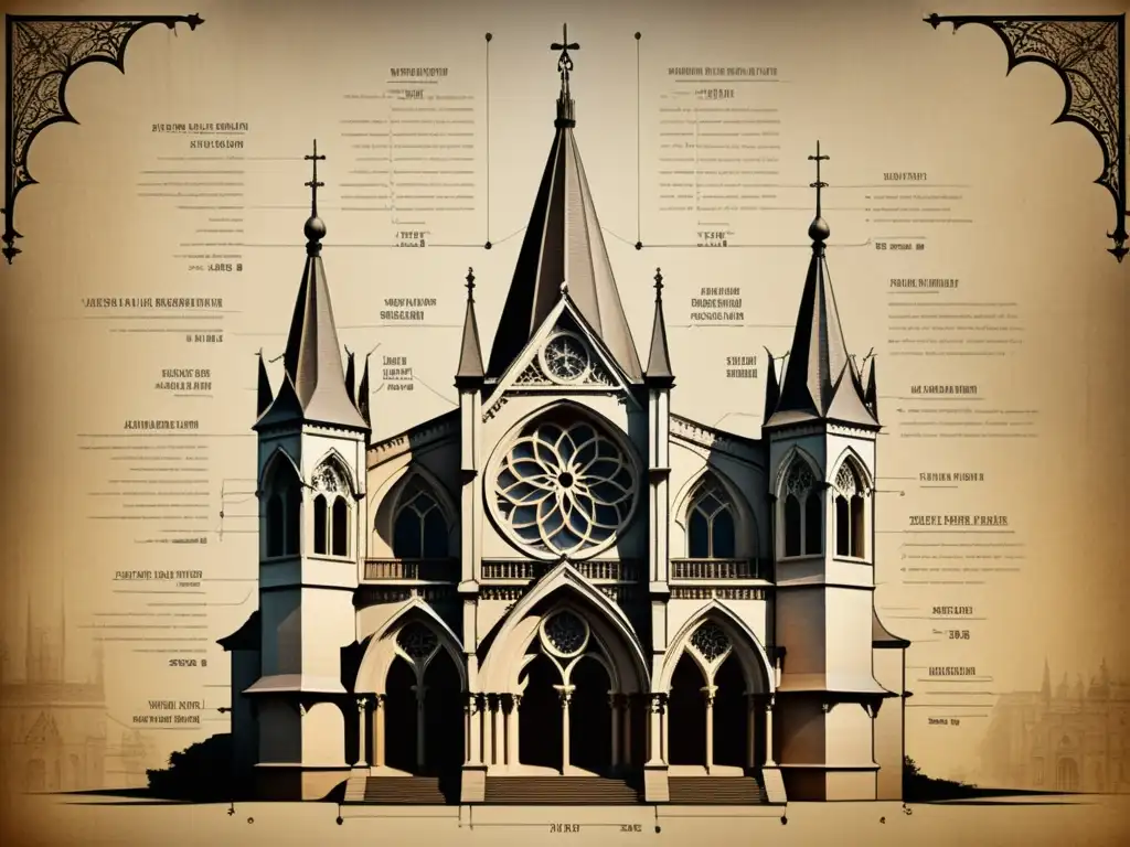 Detalle vintage de un plano arquitectónico gótico con arcos, voladizos y torres, en tonos sepia, resaltando la artesanía gótica