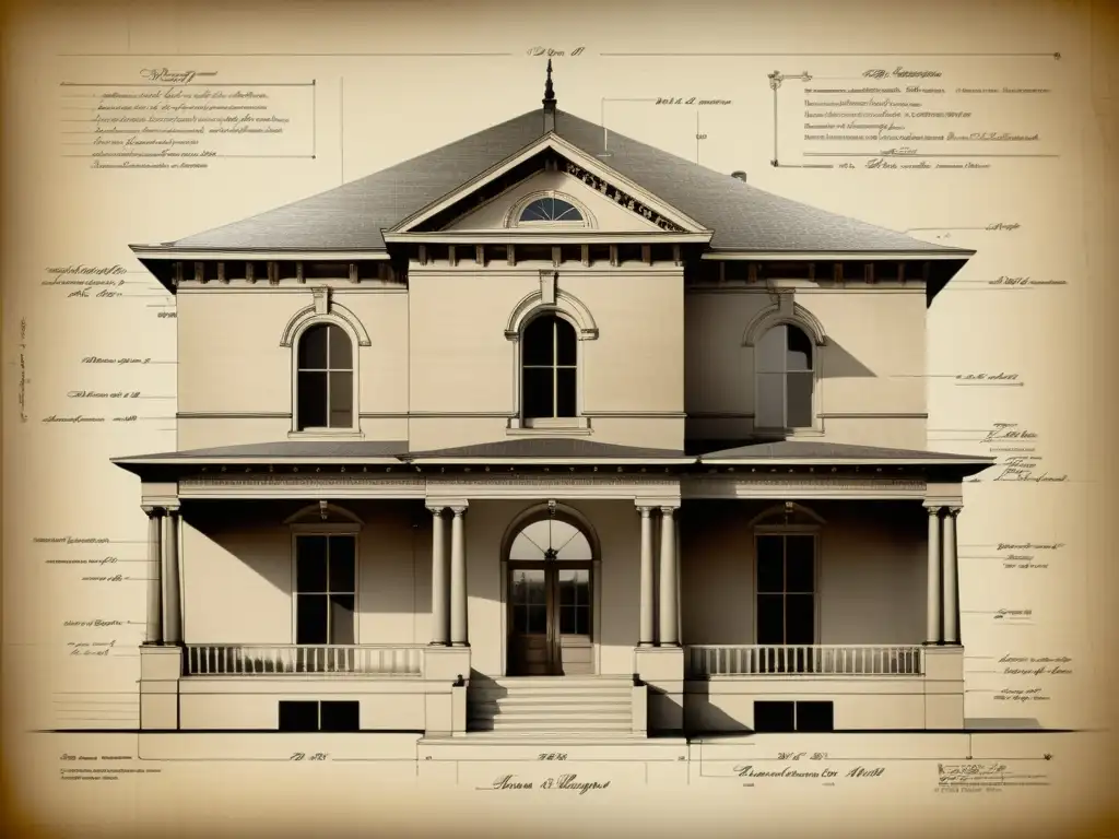 Detalle vintage de plano arquitectónico histórico en sepia