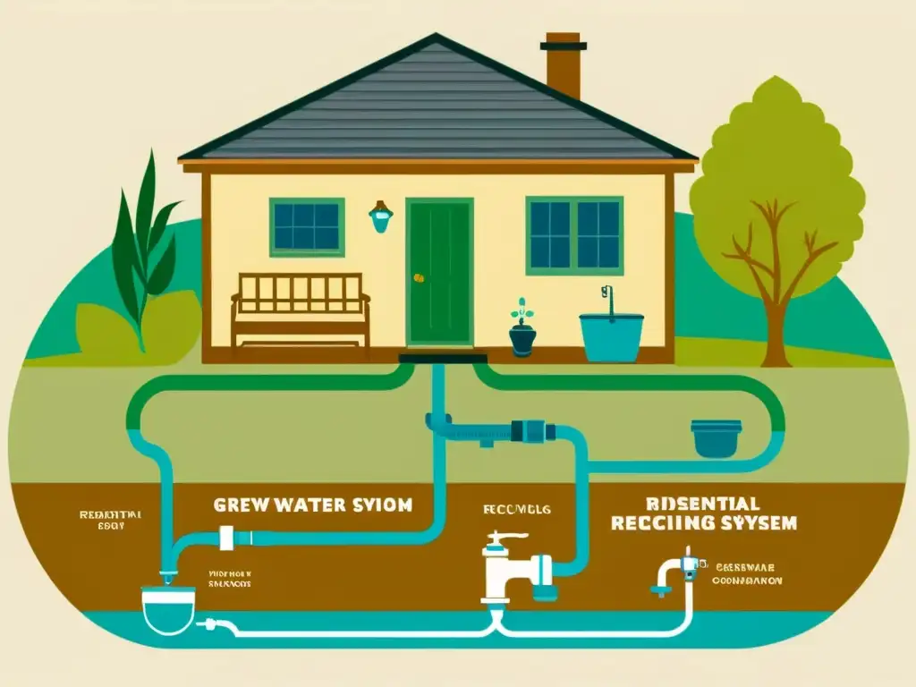 Detalle vintage de sistema de reciclaje de aguas grises para vivienda sostenible, mostrando su integración con la plomería y procesos de filtración