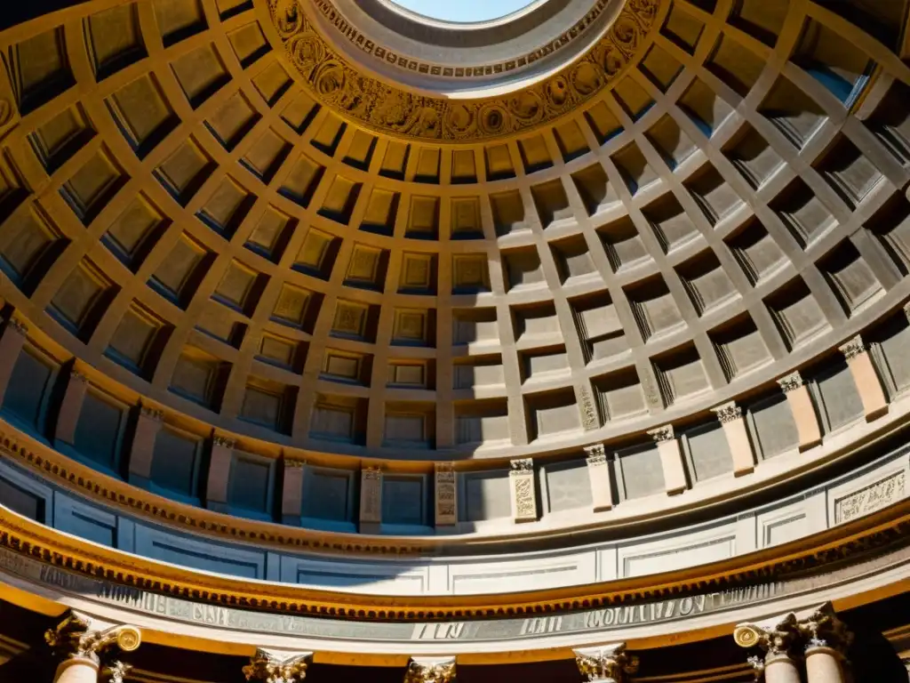 Detalles antiguos y texturas envejecidas de las intrincadas tallas en la cúpula del Panteón en Roma, bañados por cálida luz solar