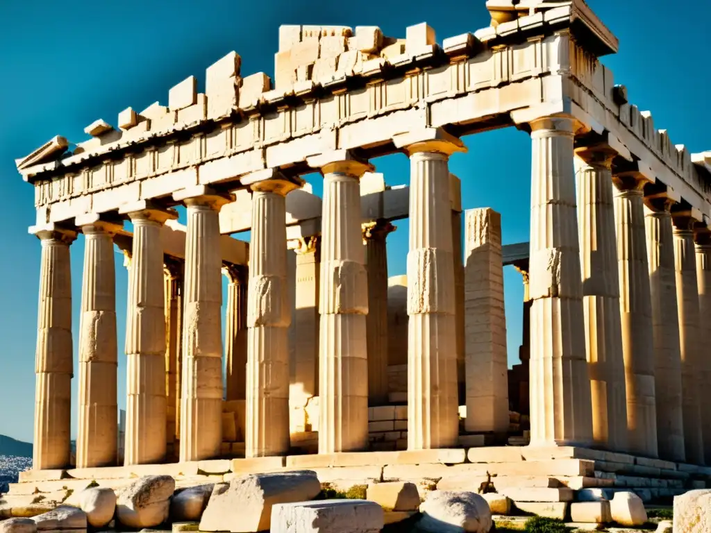 Detalles arquitectónicos del Parthenon en Atenas, resaltando la herencia de materiales de construcción en la Antigua Grecia