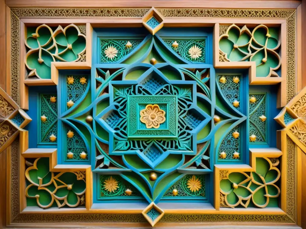 Detalles de decoración arquitectura morisca en panel de techo tallado y pintado con motivos geométricos y florales en tonos de azul, verde y dorado