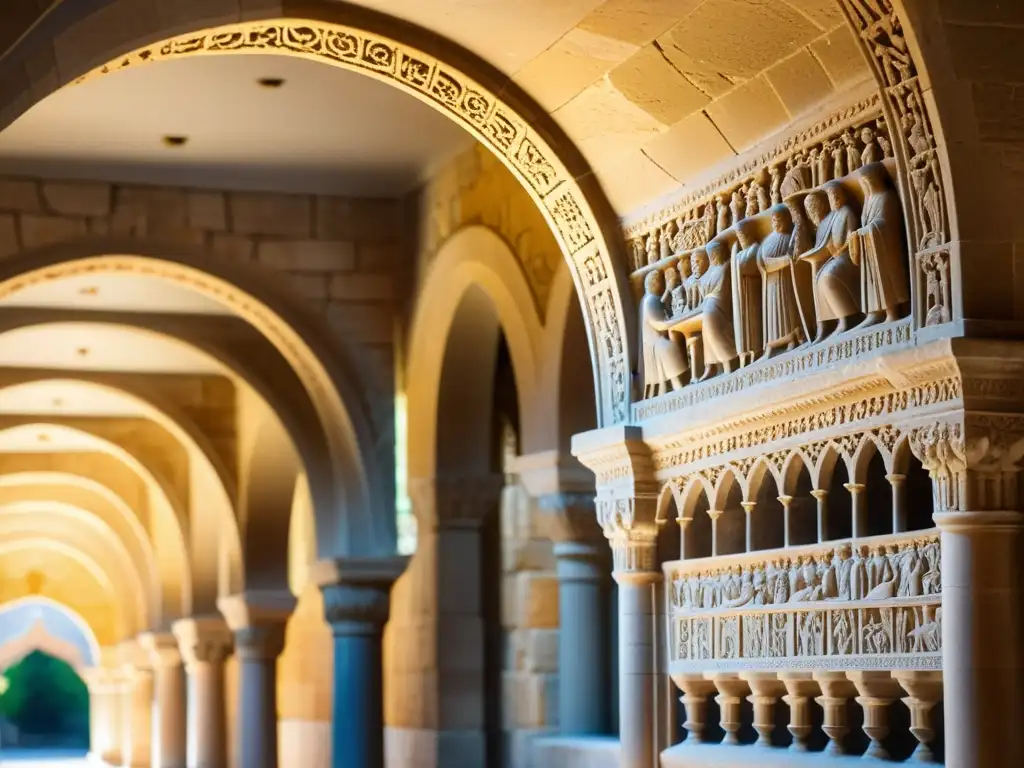 Detalles de arquitectura religiosa en claustro histórico con intrincadas talladuras de piedra, iluminadas por el sol