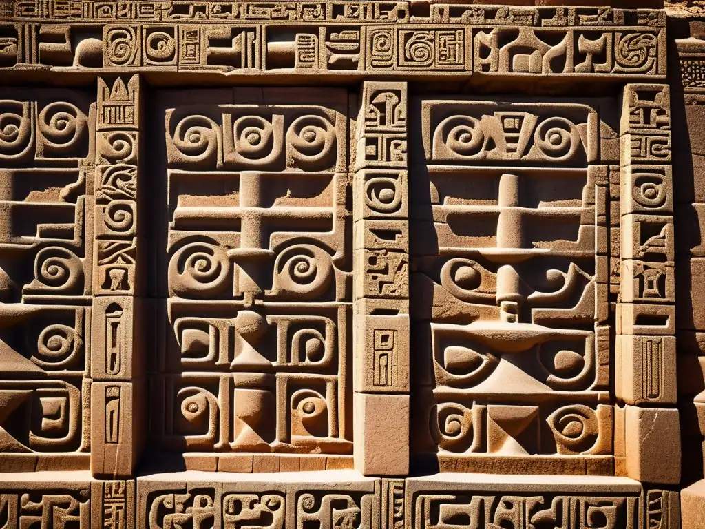 Detalles arquitectura Tiahuanaco resaltados en las piedras antiguas del templo Kalasasaya en Tiwanaku, Bolivia