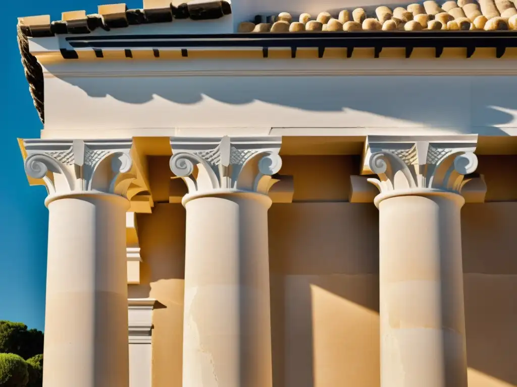 Detalles exquisitos de los órdenes arquitectónicos griegos: columnas y capiteles dorios, jónicos y corintios, bañados por la cálida luz del sol