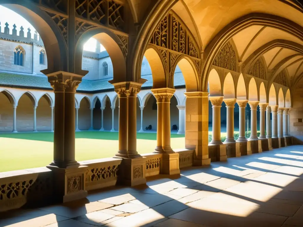 Detalles intrincados de la arquitectura religiosa en los claustros históricos: piedra antigua, luz y sombra crean atmósfera serena