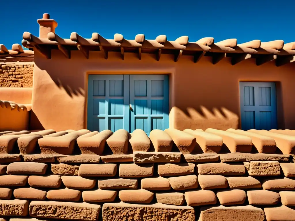 Detalles intrincados de una casa de adobe tradicional bajo el cielo azul, evocando la exploración de materiales naturales en arquitectura sostenible