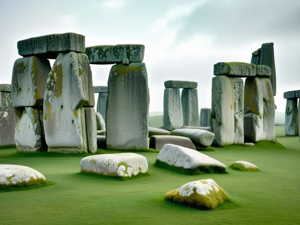 Detalles de los métodos de levantamiento de Stonehenge capturados en una imagen vintage de alta resolución, mostrando la textura y el trabajo artesanal de las antiguas piedras del monumento