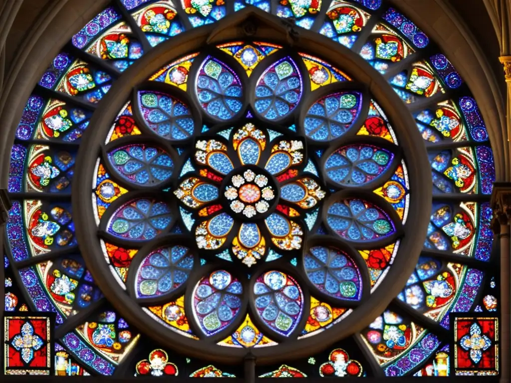 Ventana de rosas de Notre Dame: Luz y sombra en la arquitectura gótica Detalles de la Geometría Sagrada en la ventana rosa de Notre Dame, con luz solar brillante y patrones de vidrio en el suelo de piedra antigua