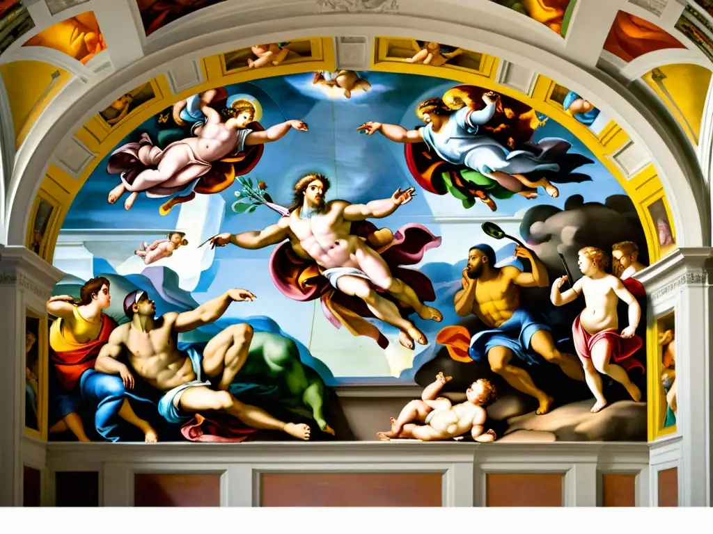 Detalles vibrantes de las pinturas de la Capilla Sixtina por Michelangelo, evocando la grandiosidad del Renacimiento