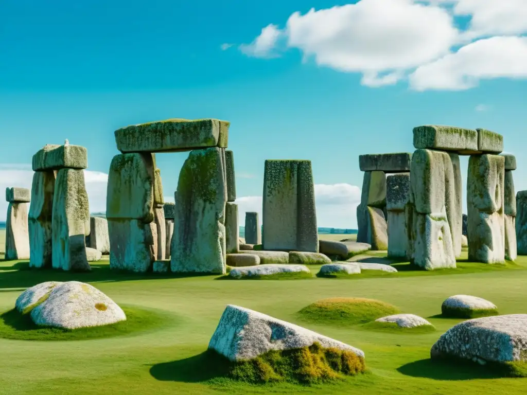 Una fotografía vintage de Stonehenge en un día soleado, con la construcción megalítica en la arquitectura